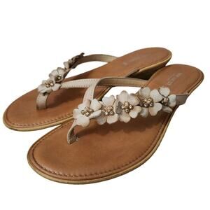 Nine West Sz 9 Made Italy Flower Leather Cork Flip Flops Wedding Heeled